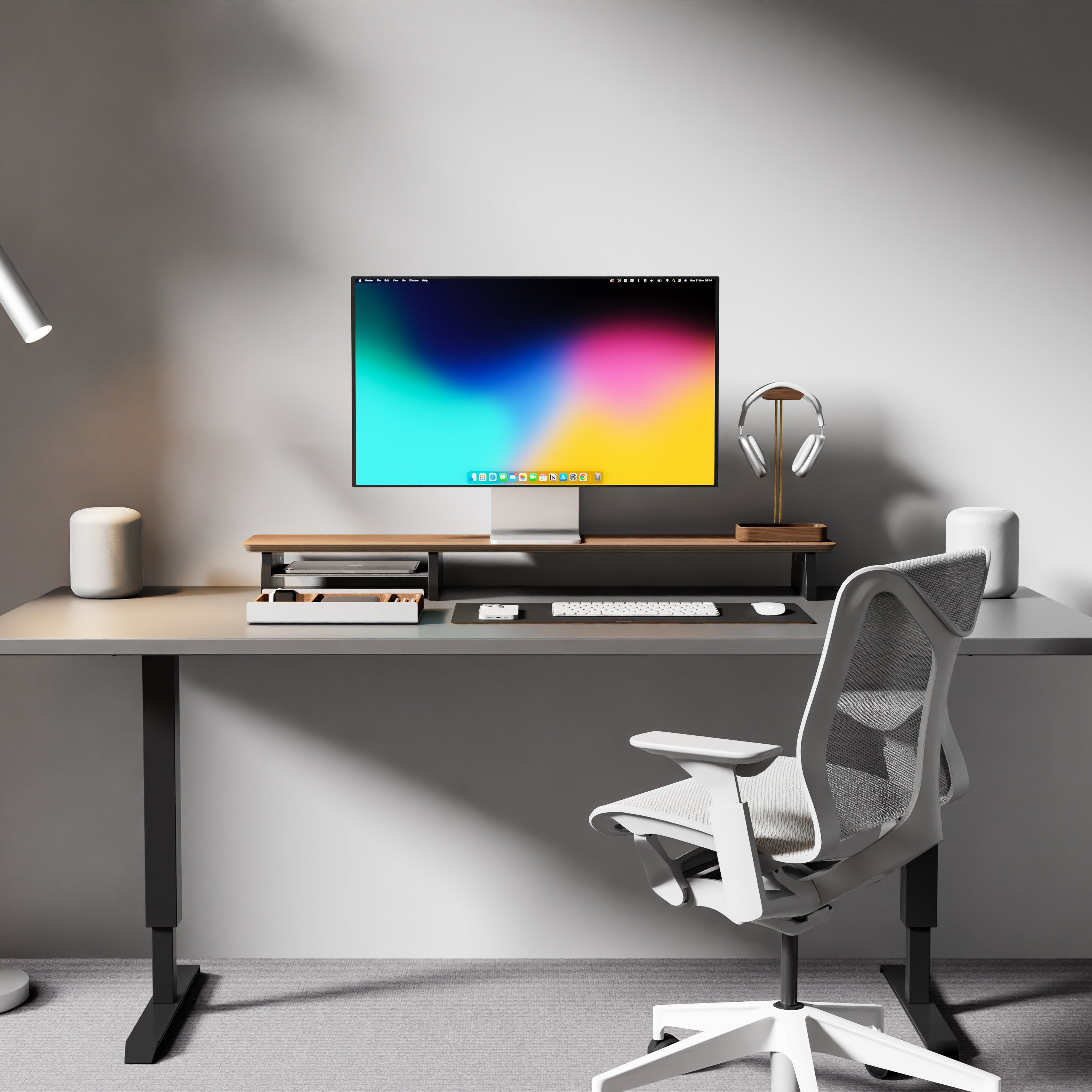 minimal desk setup with leather desk mat black